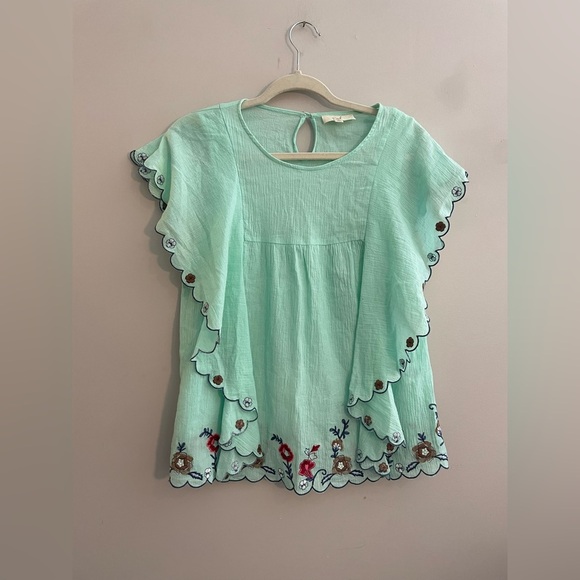Umgee Tops - Umgee Turquoise Scalloped Ruffle Embroidered Blouse